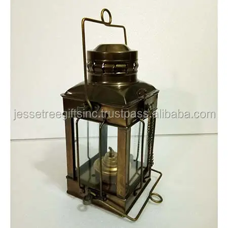 Metal & Glass Hanging Nautical Lantern With Antique Brass Finishing Square Shape Wire Design With Handle For Home Decoration