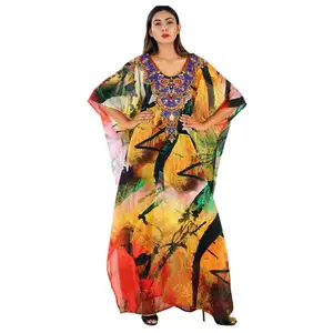 Kaftan Panjang untuk Wanita, Kaftan Cetakan Digital 3D Sutra Multi Warna