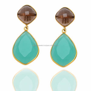 Piedra preciosa de Calcedonia Aqua orgánica Natural, Pendientes chapados en oro hechos a mano de Plata de Ley 925, regalo de boda antiguo Vintage - Product Image 1