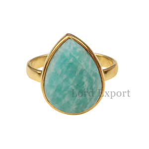Joyería de piedra de amazonita verde Natural más vendida, anillo en forma de pera con bisel de piedras preciosas de Plata de Ley 925 chapado en oro de 18 quilates para ella - Product Image 1