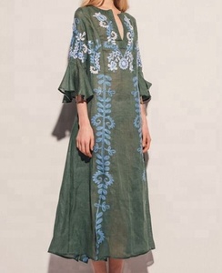 ชุดแมกซี่เดรสยาวปักลายดอกไม้ชุดเดรสลำลองผ้าลินินแท้เซ็กซี่สำหรับผู้หญิงแขน3/4ใส่ได้ทุกวันดีไซน์ล่าสุด - Product Image 2