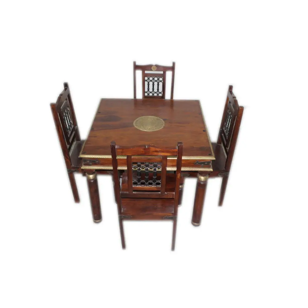 Juego de mesa de comedor de madera y latón con 4 sillas, juego de muebles antiguos para cocina/comedor, nuevo diseño, 5 unidades