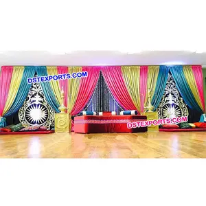 Wedding Sangeet Stage Backdrop Curtains Indian Wedding Red & Silver Temple Backdrop Wedding Mandap Curtains Decoration