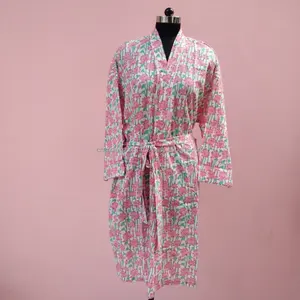 Kimono largo de algodón con estampado de bloque de mano hermoso con cierre de lazo de cinturón para ropa de dormir de noche Bata para ropa de mujer, estampado Floral