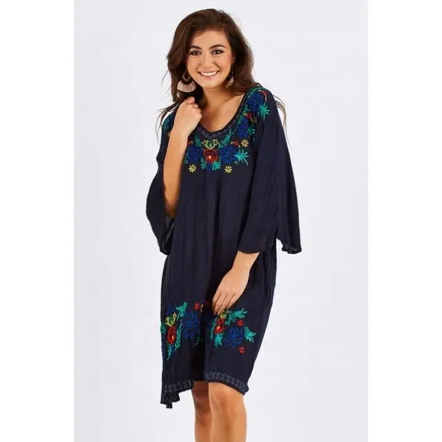 Women Fashion Design Wholesale Clothing 3/4 Wide Bell Sleeves Embroidery Mexican Tunic/Dress