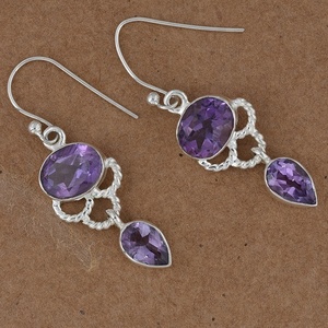 Romantic Fashionable 925 Sterling Silver Dangle <b>Earrings</b> Genuine Oval Pear Cut Amethyst Gemstone Classic for Weddings Parties - Product Image 3