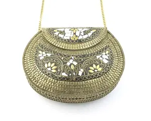 GREY MOSAIC WOMENS CHAIN ETHNIC BAG CLUTCH BOX METAL PURSE FOR WEDDING AND PARTY WEAR BAG MANUFACTURE BY LUXURY CRAFTS