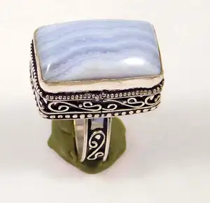 Natural Blue Lace agate 925 Silver Jewelry Ring