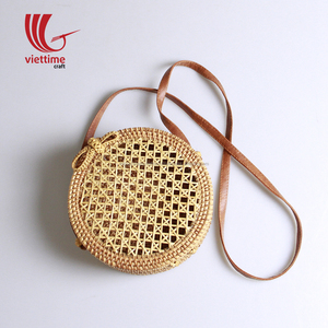 Bolso de playa redondo de paja para verano, venta al por mayor, con asas largas de cuero/bolsas circulares de ratán - Product Image 1