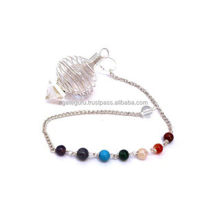 Cadena de cristal de cuarzo Chakra con jaula de metal Péndulo de piedras preciosas de la India - Product Image 1