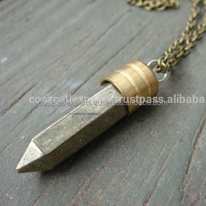 Sterling Silver Pyrite Dagger Tusk Spike Pencil Point <b>Pendant</b> Hexagon Shaped Horn Gemstone Charm for Party Occasions - Product Image 1