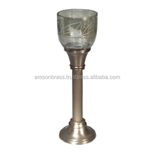 Antique Brass Metal <b>Hurricane</b> Candle Holder With <b>Glass</b> Embossed Design - Product Image 2