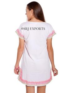 Robe tunique courte pour femmes, style moderne, usage quotidien pour adultes, 100% coton, broderies à la main spectaculaires, col en V, franges, vêtements de plage - Product Image 3