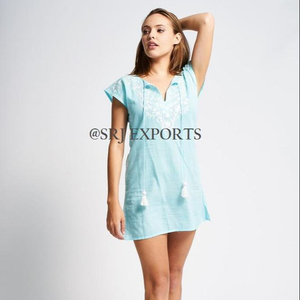 Vestido Mini de Algodón Tejido Azul Claro con Manga Casquillo, Cuello con Lazo y Decoración de Borlas, Corte Holgado, Estilo Casual de Verano - Product Image 1