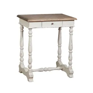 Mesa lateral de estilo antigo para atacado, mesa lateral minimalista com 1 gaveta de madeira maciça, desenho de fazenda, branco e desgastado