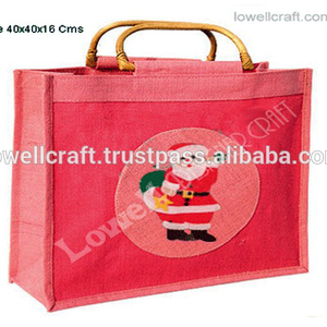 Lowellcraft JCH01892 Christmas Santa Printed Jute Shopping <b>Bag</b> with Bamboo Handle Red Color <b>Medium</b> <b>Size</b> - Product Image 1