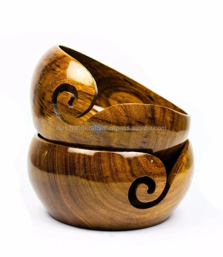 Decorative Sheesham Wood Crafted Wooden Yarn Storage Bowl With Carved Holes & Drills, Knitting Crochet Accessories by INAM