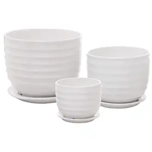 Set of 3 Small to Medium Sized Round Modern Ceramic Garden Flower Pots White Plant Pot Ceramic