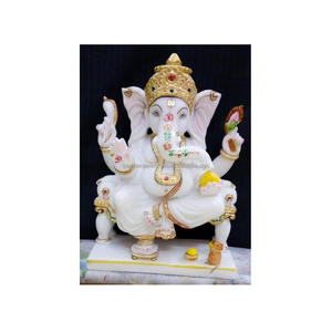 Beautiful Most New Popular Of Indian God Handmade Pure White Makrana <b>Marble</b> Ganesh Ji Statue With Chowki Stand And Golden Mukut - Product Image 1