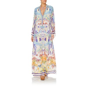 OEM Fabricant Meilleur Service Filaire Liens À Pompons Boutonnée à L'avant Embellissement Décolleté Numérique Imprimé Longue Robe Maxi - Product Image 1