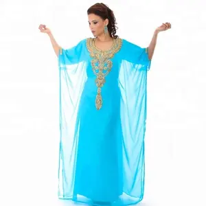 2018 hot selling Islamic clothing muslim women abaya kaftan Hand Beaded designs Light blue wedding moroccan kaftan