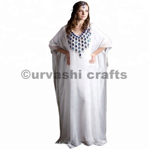Venta al por mayor Georgette hecho a mano de cristal trabajo boda Kaftan Dubai Farasha Kaftan Abhaya elegante musulmán blanco Color marroquí Kaftan - Product Image 3