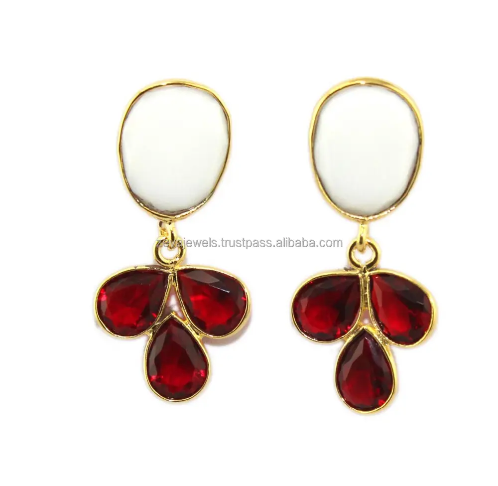 Pabrik Menjual Faceted Putih Agate Garnet Quartz Multi Batu Anting Berlapis Emas Pengaturan Bezel Stud Menjuntai Earring Hadiah untuk Wanita