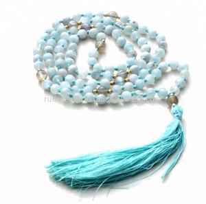 สร้อยคอแบบยาวสไตล์ฮินดูทำด้วยมือลูกปัด108พลอยอความารีนเพชรคริสตัลบำบัดทางศาสนา Piedras naturales - Product Image 1