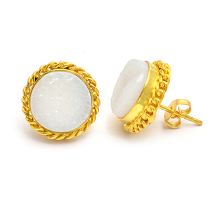 Boucles d'oreilles de créateur faites à la main ronde pierre précieuse Druzy blanche avec argent sterling 925 or vermeil style mignon fêtes de bijoux pour femmes - Product Image 1