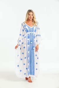 Azul blanco Paisley bordado vestido flecos encaje mariposa manga Ideal fiesta en la piscina relajante caftán vestido caliente playa cubrir - Product Image 2