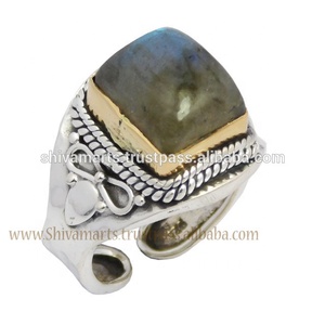 2024 nuevo diseño labradorita cojín corte piedra preciosa bisel conjunto dos tonos ajustable eternidad Vermeil anillo rodio plateado joyería fina - Product Image 4