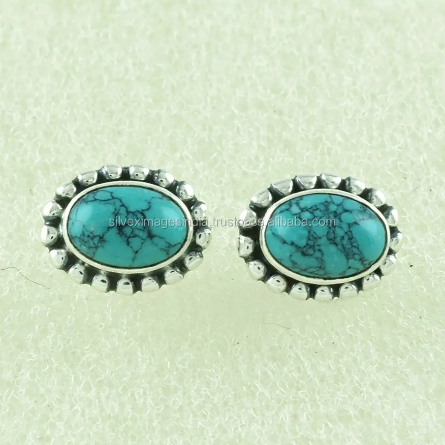 925 Sterling Zilveren Ovale Turquoise Edelsteen Handgemaakte Studs Zilveren Sieraden Groothandelaar