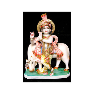 Estatua de Lord Marble Krishna, Estatua con vaca - Product Image 1