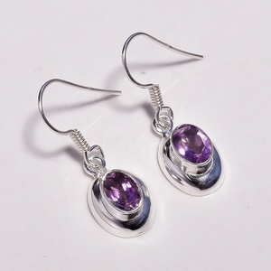 Pendiente de Plata de Ley 925 amatista de forma ovalada natural, joyería de plata con piedras preciosas de moda india, proveedor de joyería de plata antigua - Product Image 1