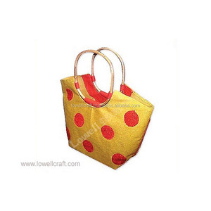 Yellow Jute Shopping <b>Bag</b> With Red Dots <b>Medium</b> <b>Size</b> Top Handle Groceries <b>Bag</b> - Product Image 1