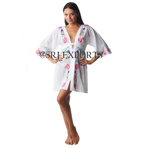 Robe de plage col en V ouvert pour femmes, nouveau, Sexy, style bohème, rétro, motif Floral, broderie, manches Kimono, tunique soirée, été - Product Image 3