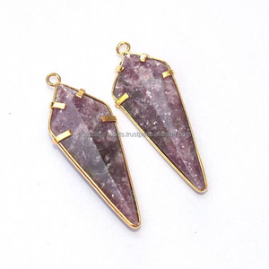 925เงินสเตอร์ลิงเครื่องประดับจี้หินหัวลูกศร lepidolite ขอบเรียบชุบทองไข่มุกเพชรทางศาสนา - Product Image 2