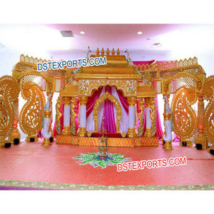 Conjunto de Mandap para Boda del Sur de la India, Mandap de Fibra Tallada en Dorado, Gran Mandap para Boda India, Carolina del Sur, Florida - Product Image 1