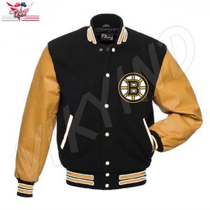 Letterman-chaquetas de cuerpo de lana, Mangas de cuero genuino, chenilla azul dorada, parches bordados, Chaquetas deportivas - Product Image 5