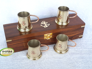 แว่นตาดีไซน์ที่ไม่เหมือนใคร,แว่นตายิงทองเหลือง4ชิ้นชุดแก้วช็อตสมอทะเลพร้อมถ้วยทองเหลืองและกล่องไม้ - Product Image 2