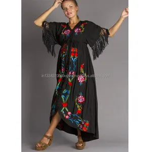 Stunning Ricamo Floreale Con Bottoni Di Maternità Coulisse In Vita Maxi Vestito di Personalizzare Vita Dell'impero Orlo di Pizzo Kimono Spolverino