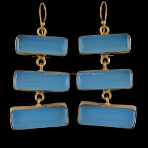 Women's Aqua Chalcedony Bezel <b>Earrings</b> <b>Gold</b> Plated Brass Everyday Hook Design Fashionable Hoop <b>Earrings</b> for Gifts Parties - Product Image 2
