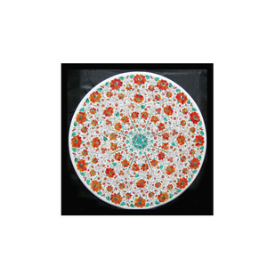 Plateau de table en marbre blanc incrusté, plateau de table en Pietra Dura de forme ronde - Product Image 1