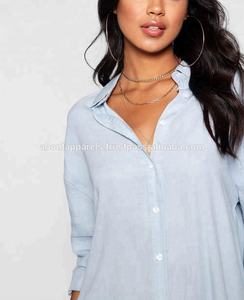 Camiseta vaquera informal de algodón para mujer, Tops de manga larga, Camisa vaquera de tacto suave de gran tamaño - Product Image 3