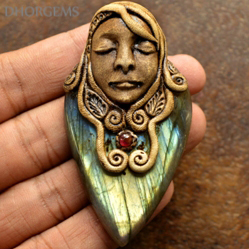 Labradorite pendentif jaune feu polymère naturel pierre d'argile pendentif pierres précieuses en gros pendentif en pierre collier labradorite - Product Image 4