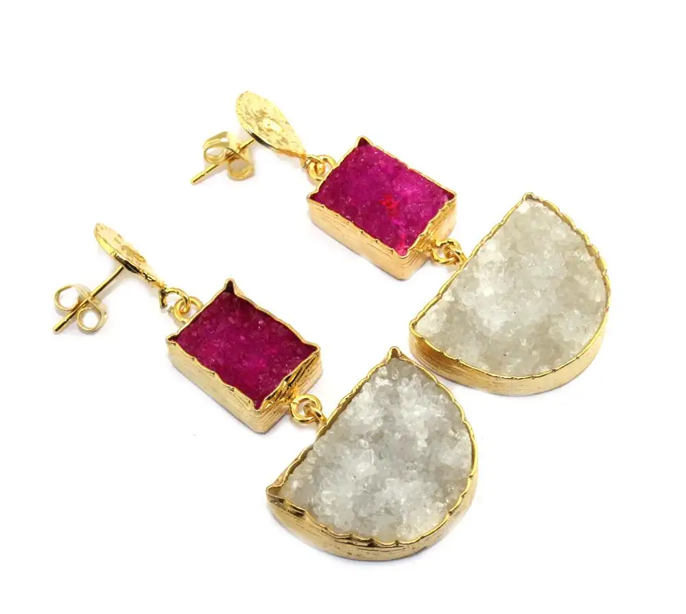 Natural Of-White Pink Druzy 24k Gold Plated Drop Dangle Earrings