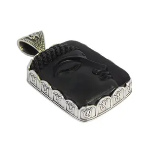 Rắn 925 sterling Silver Phật chúa đen Onyx Đá Quý Mặt dây chuyền đẹp thời trang đồ trang sức bạc
