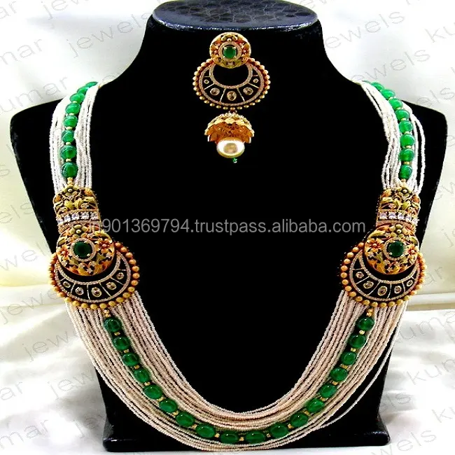 Long Diamond Style Perle Perlen Smaragd Farbe Stein CZ Designer Hochzeits kleidung Indian Heavy Rani Haar Halskette Set