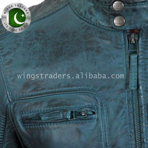 Blouson en cuir ciré bleu homme, veste frontale à la mode, serré Style européen, automne - Product Image 6