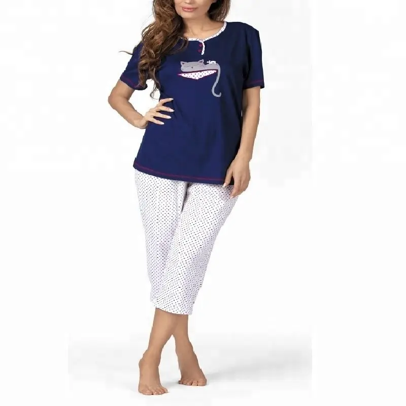 Polka dot printed women's short sleeve pajama set Calf length stylish Pyjama set Lady 2 Piece Nightwear Dress cotton